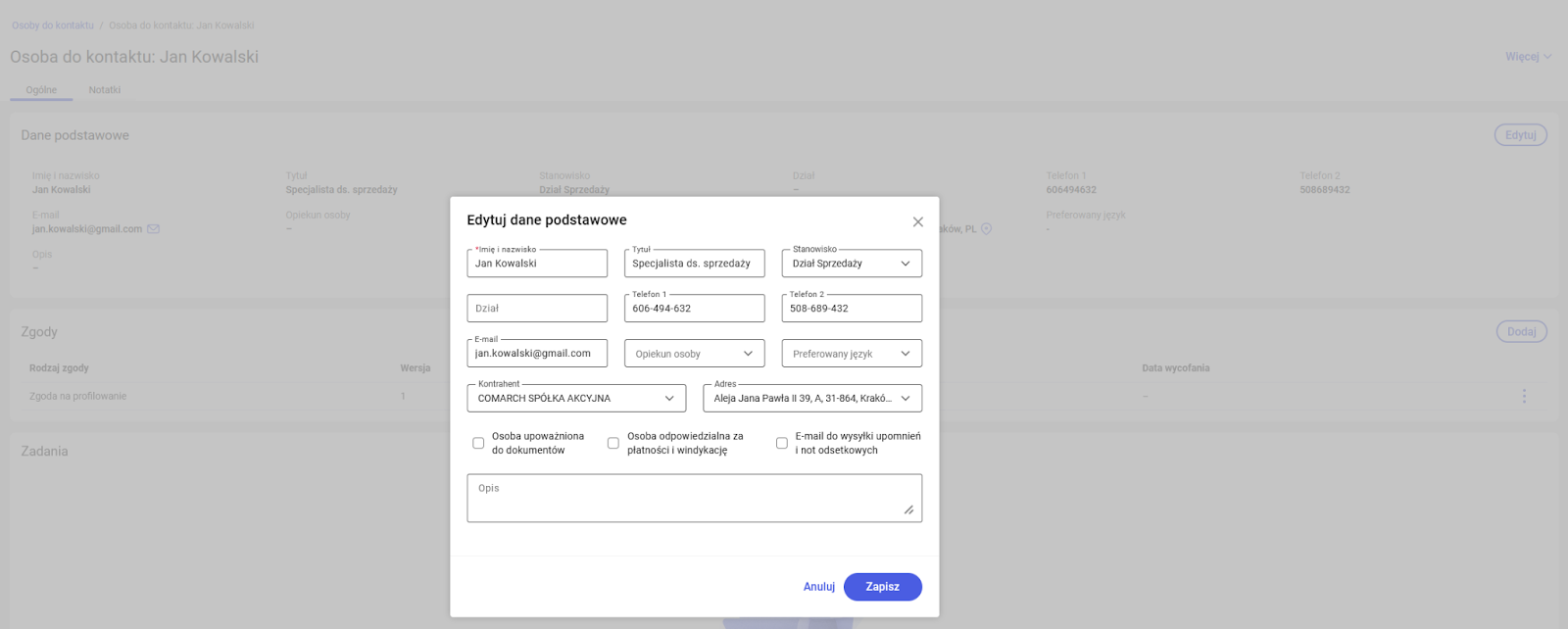 Okno edycji danych osoby do kontaktu