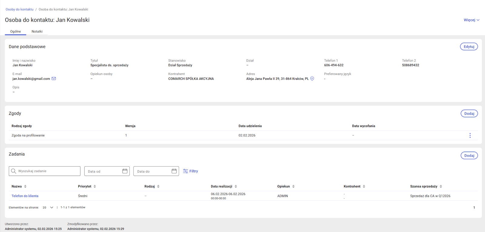 Karta osoby do kontaktu