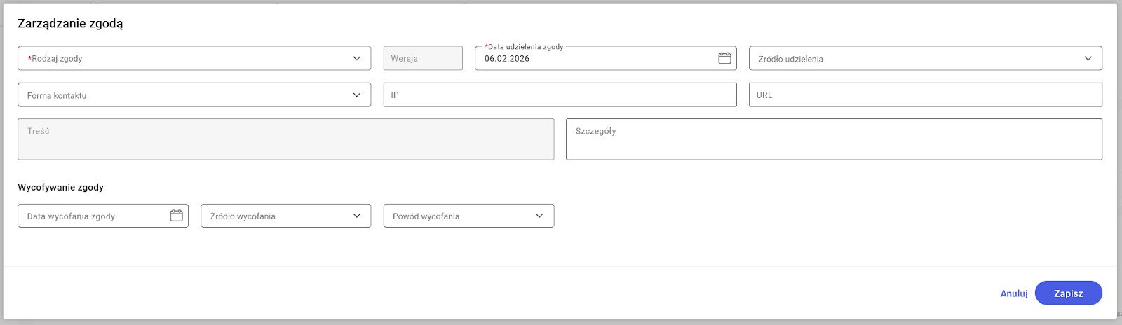 Formularz dodawania zgody RODO