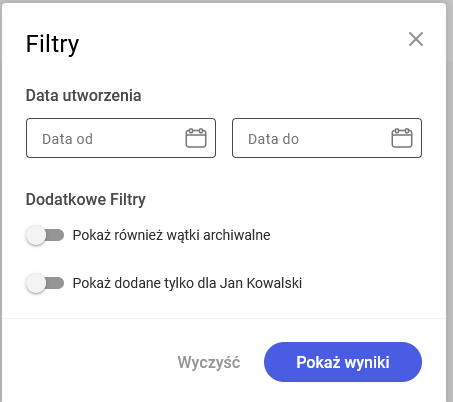 Okno filtrów dla notatek