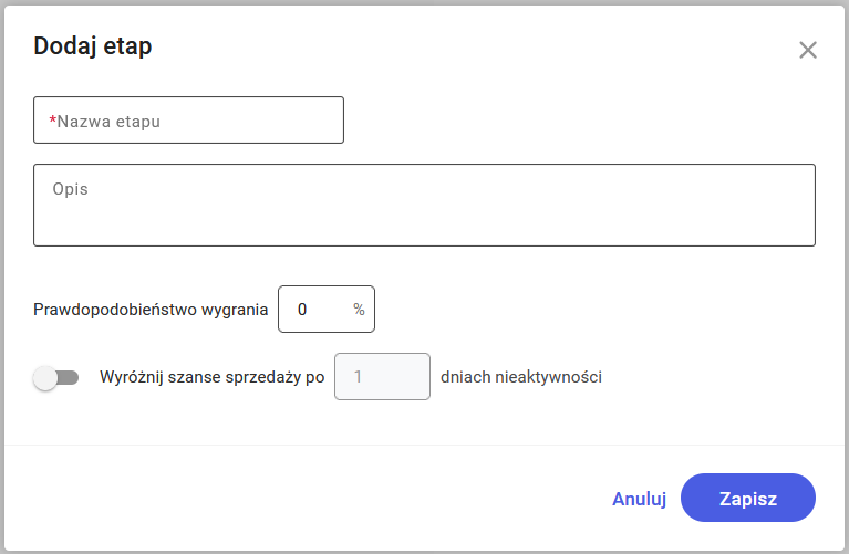 Formularz dodawania nowego etapu lejka sprzedaży