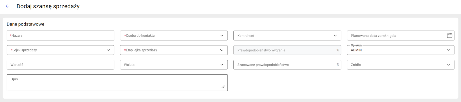 Formularz rejestracji nowej szansy sprzedaży