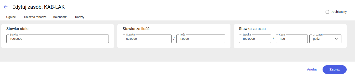 Koszty przypisane do zasobu w trybie edycji