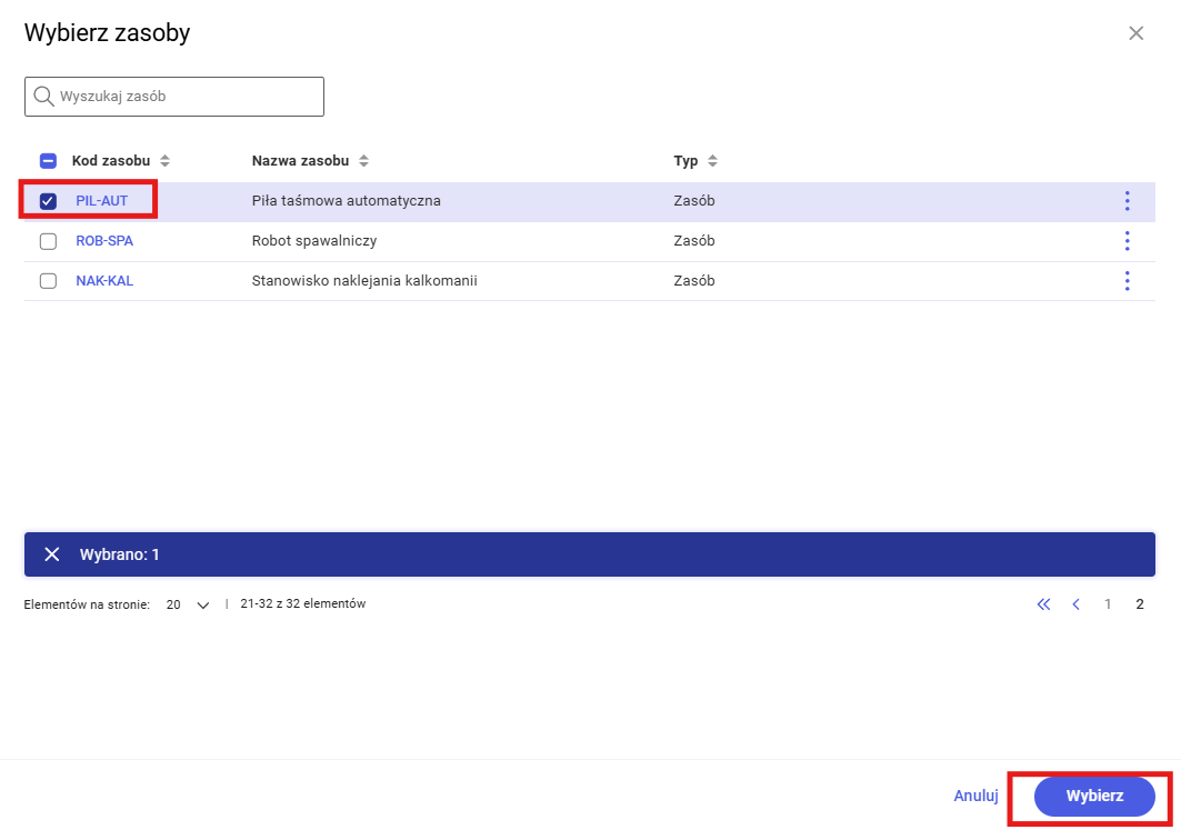 Okno wybierania zasobów