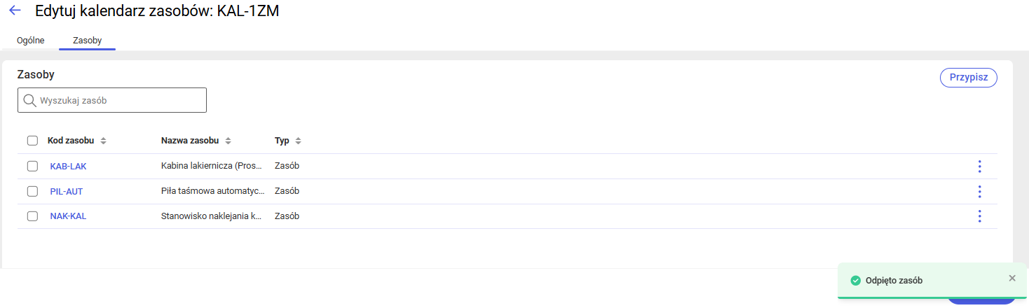Komunikat informujący o odpięciu zasobów
