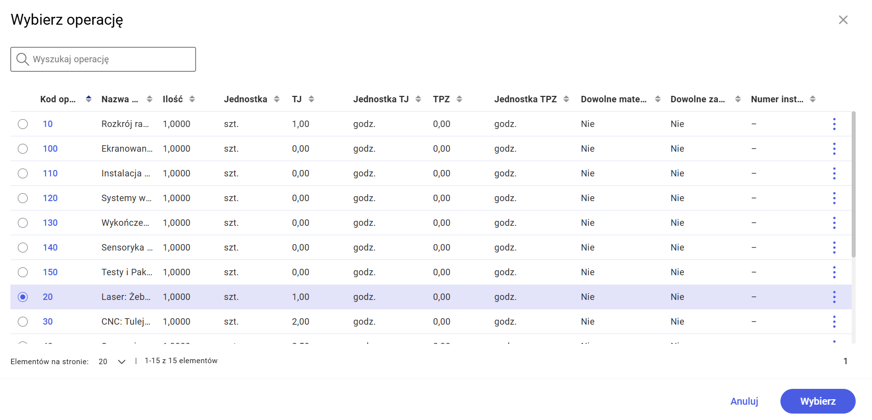 Okno wyboru operacji