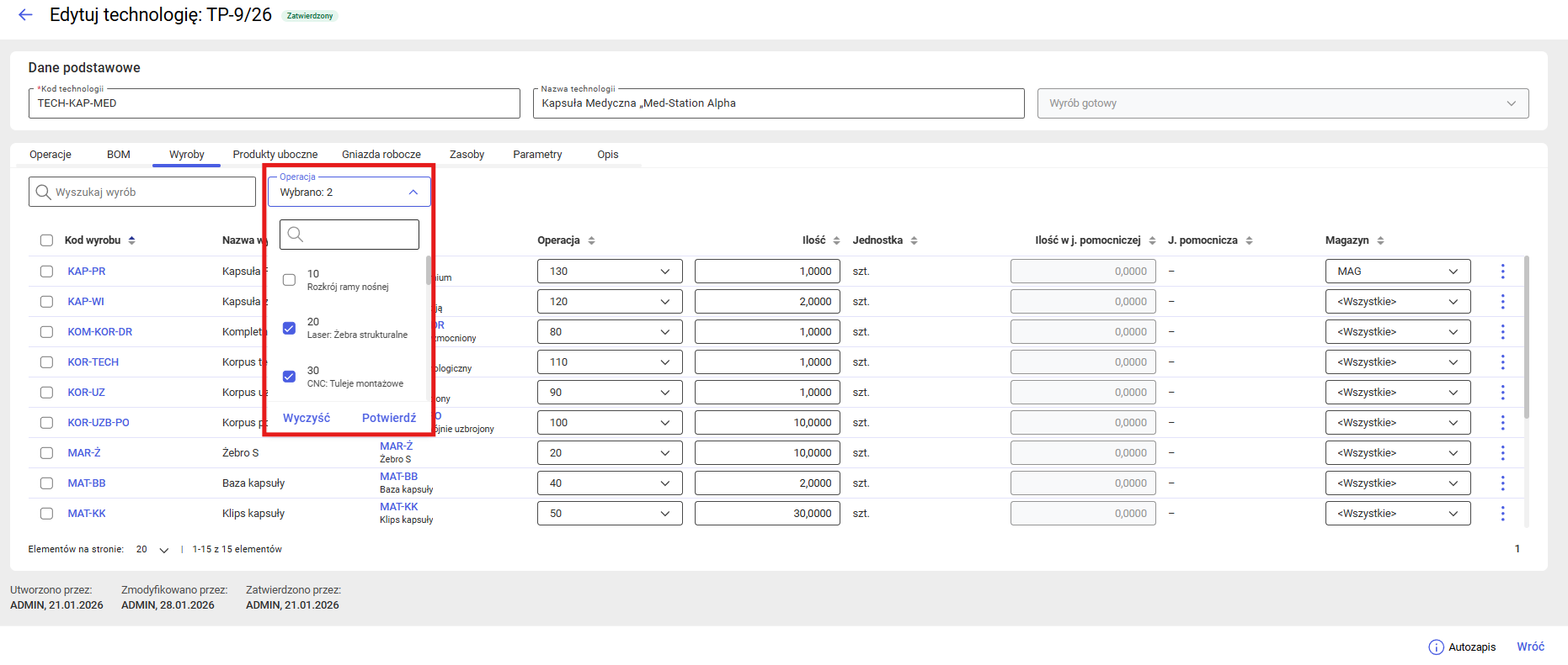 Opcja filtrowania po kodzie operacji