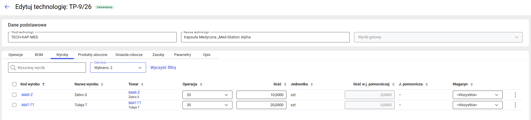 Filtrowanie po kodzie operacji