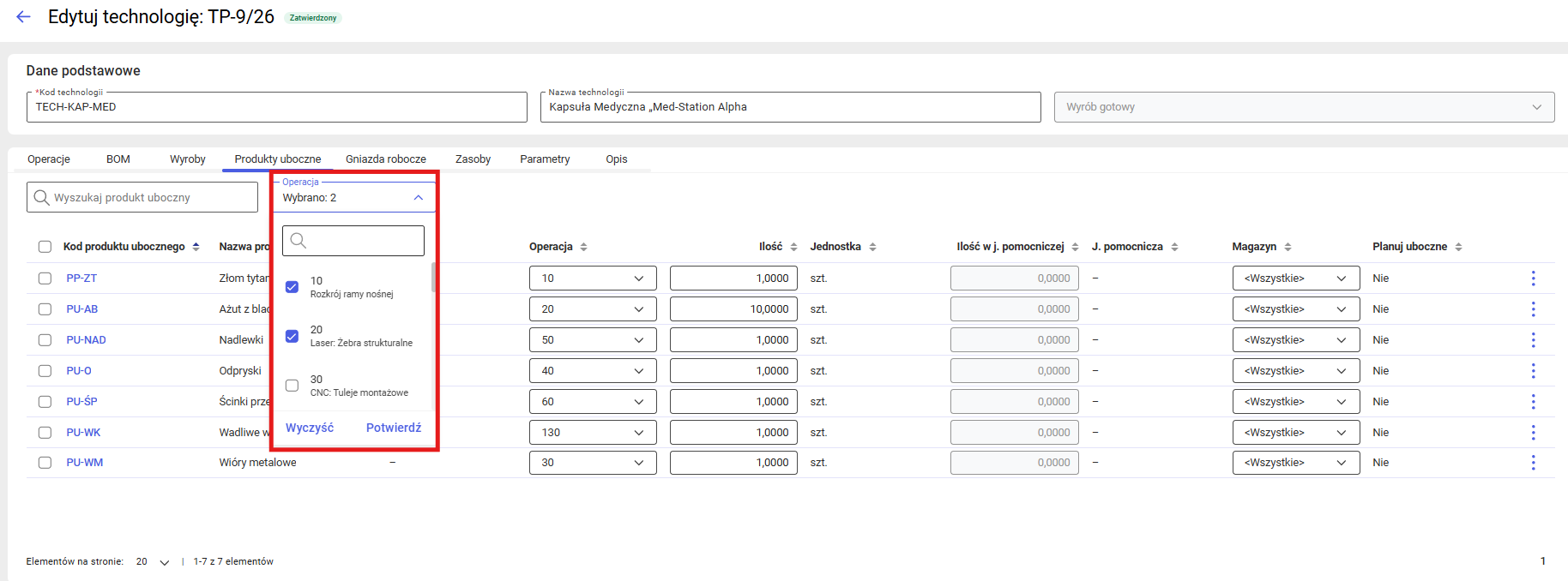 Opcja filtrowania po kodzie operacji