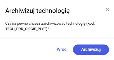 Komunikat z pytaniem o zarchiwizowanie technologii