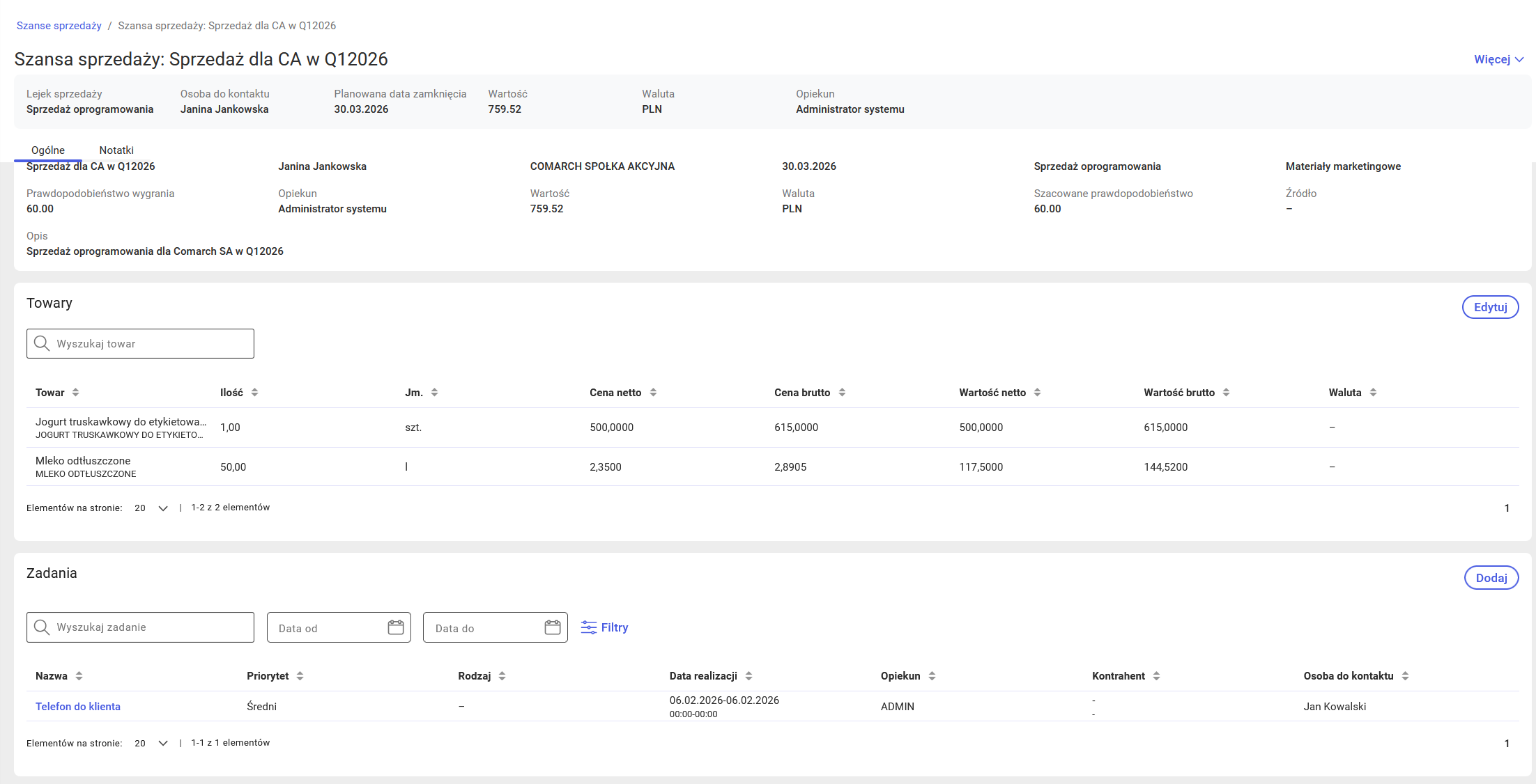 Podgląd Szansy sprzedaży wraz sekcją Zadania