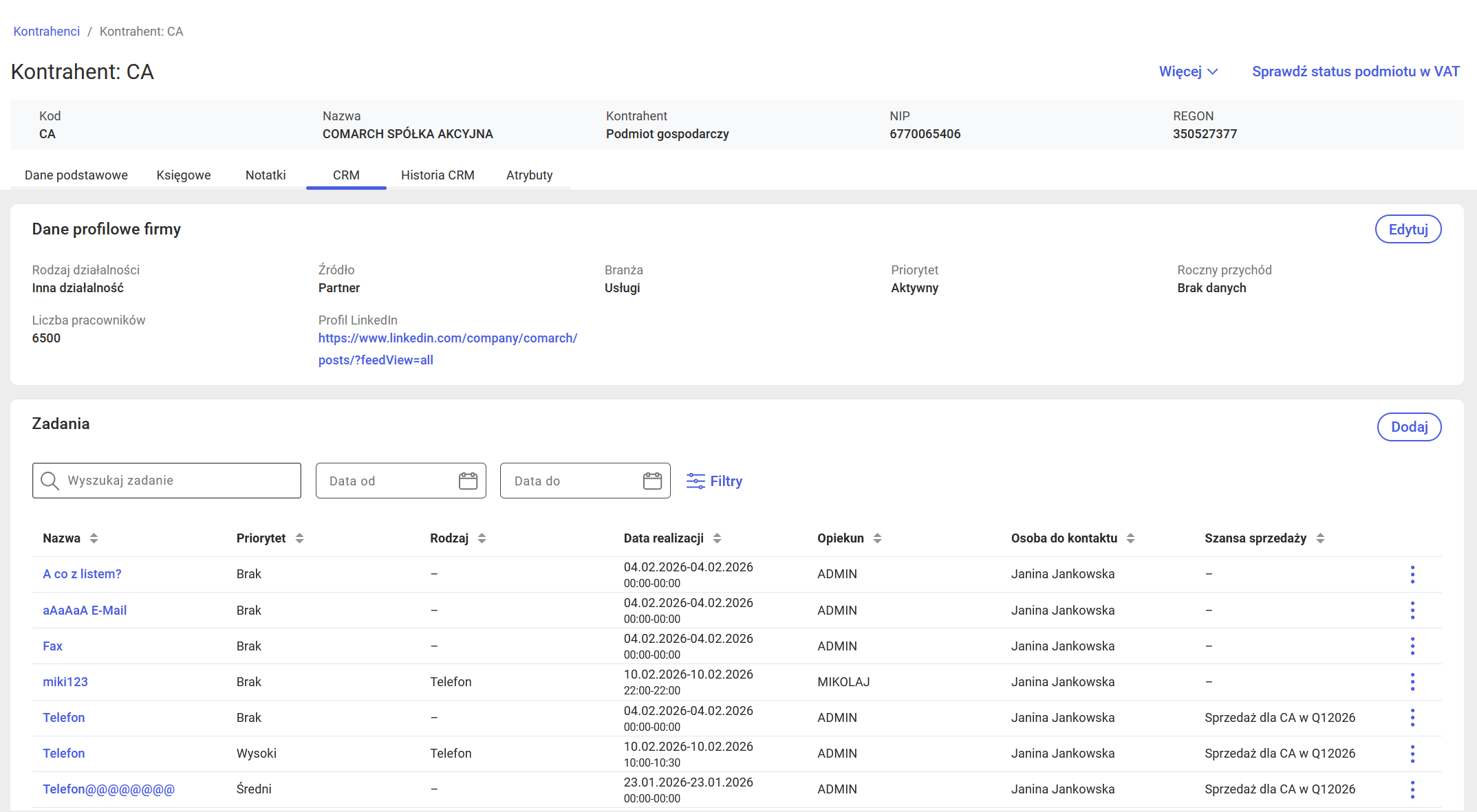 Widok zakładki CRM na kontrahencie