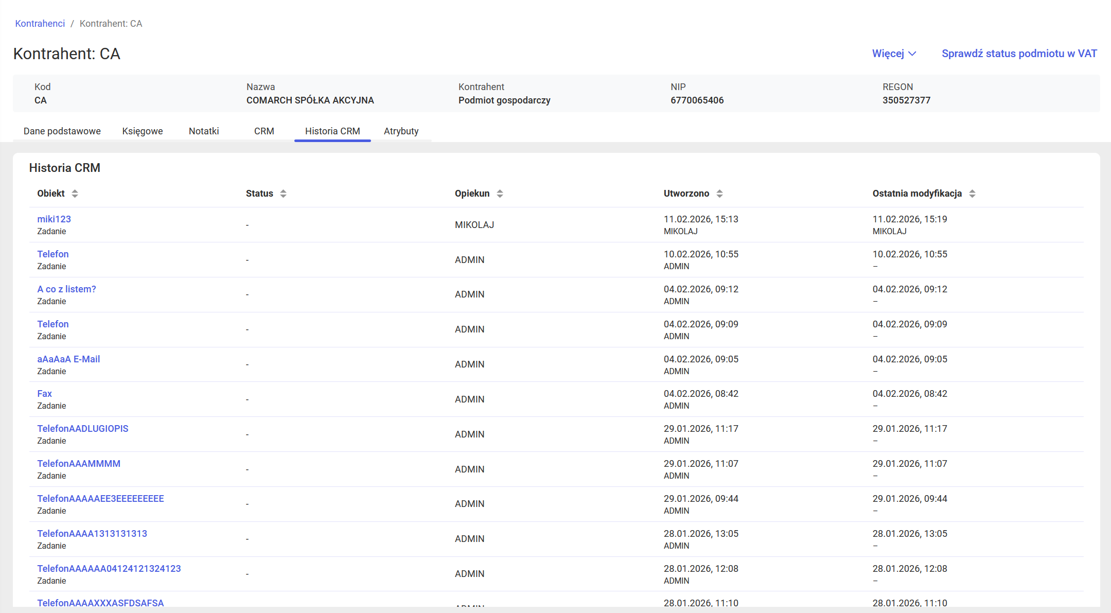 Widok zakładki Historia CRM na kontrahencie