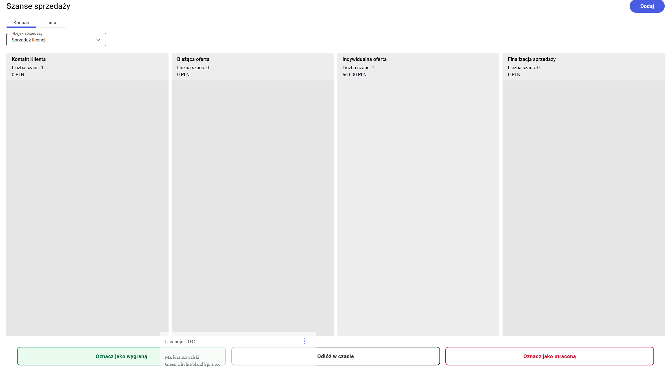 Zarządzanie szansą sprzedaży na tablicy Kanban
