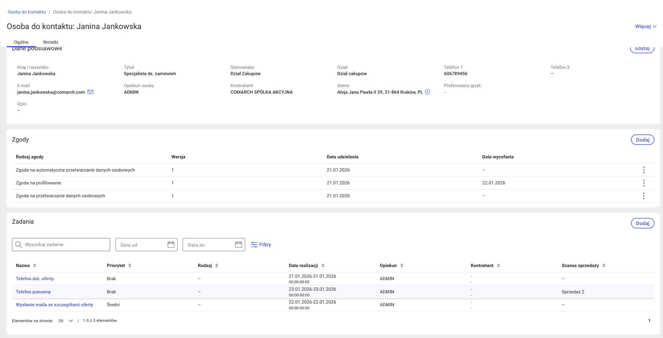 Podgląd Osoby do kontaktu wraz sekcją Zadania