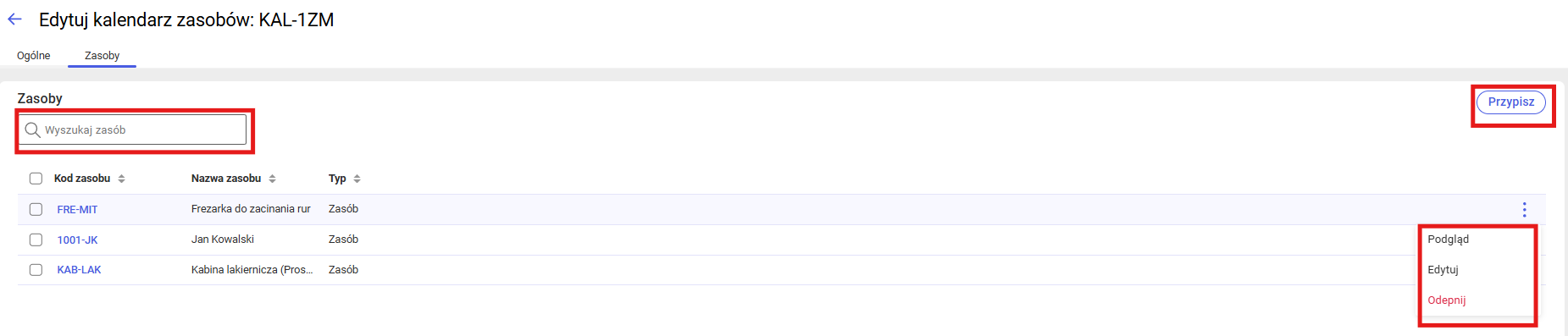 Zasoby przypisane do kalendarza