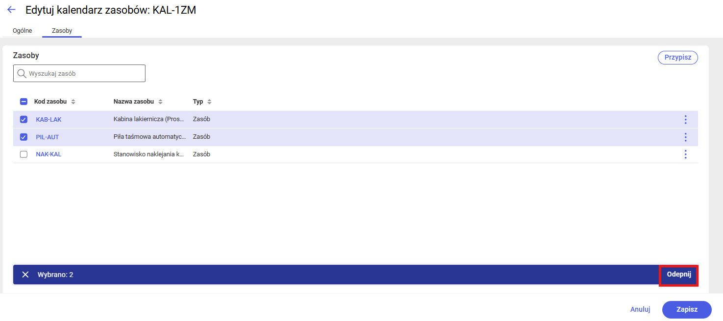 Odpinanie kila zasobów od kalendarza