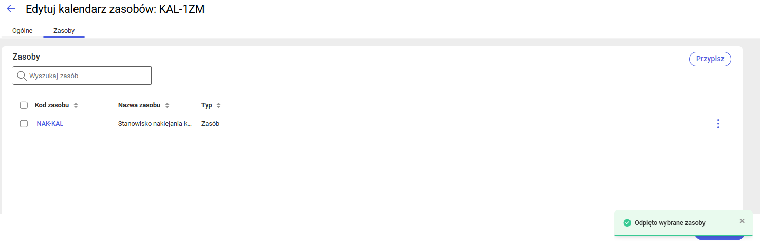 Komunikat informujący o odpięciu wybranych zasobów