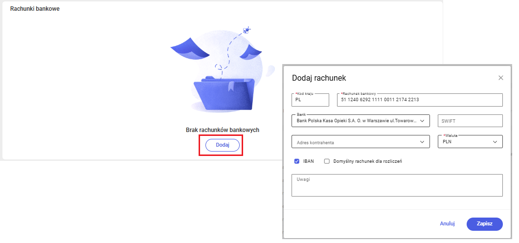 Dodawanie rachunku bankowego kontrahenta