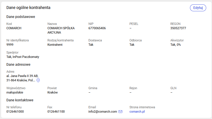 Dane ogólne na podglądzie karty kontrahenta