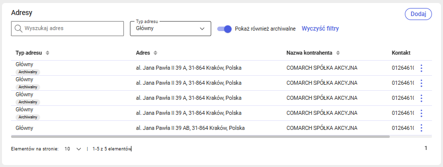 Lista adresów na podglądzie karty kontrahenta