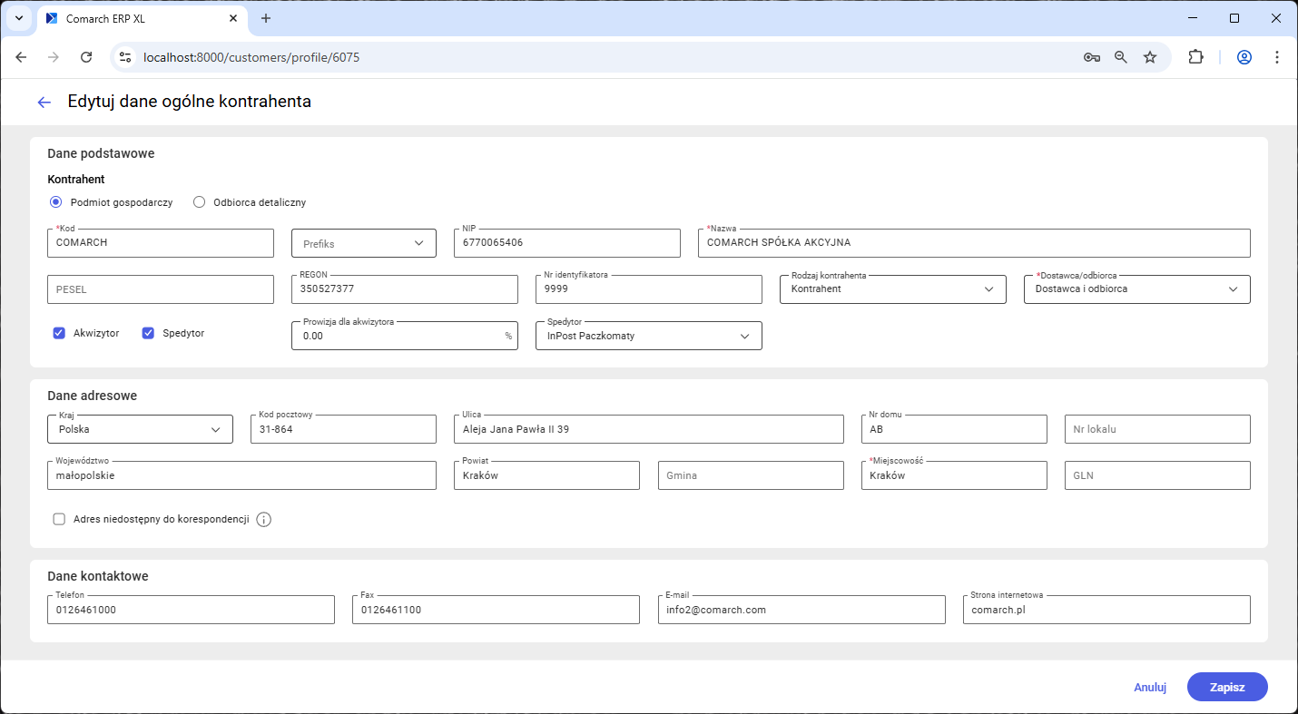 Sekcja Dane ogólne w trybie edycji