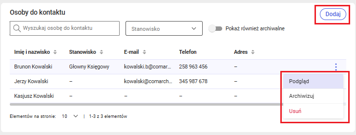 Operacje dostępne dla osób kontaktowych na kartotece kontrahenta
