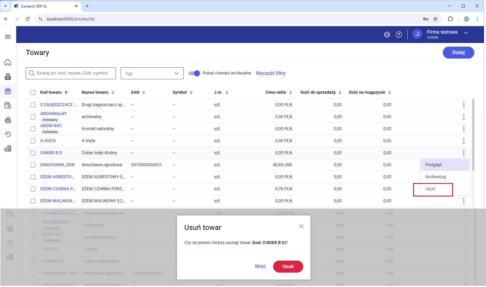 Usuwanie towaru