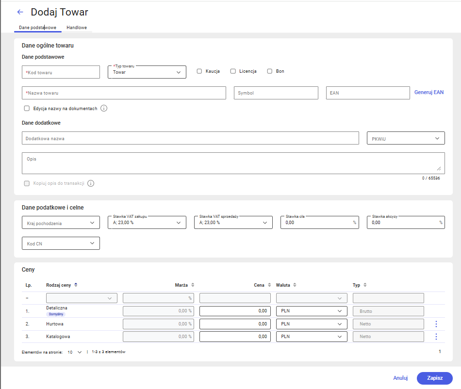 Dodawanie towaru – dane podstawowe