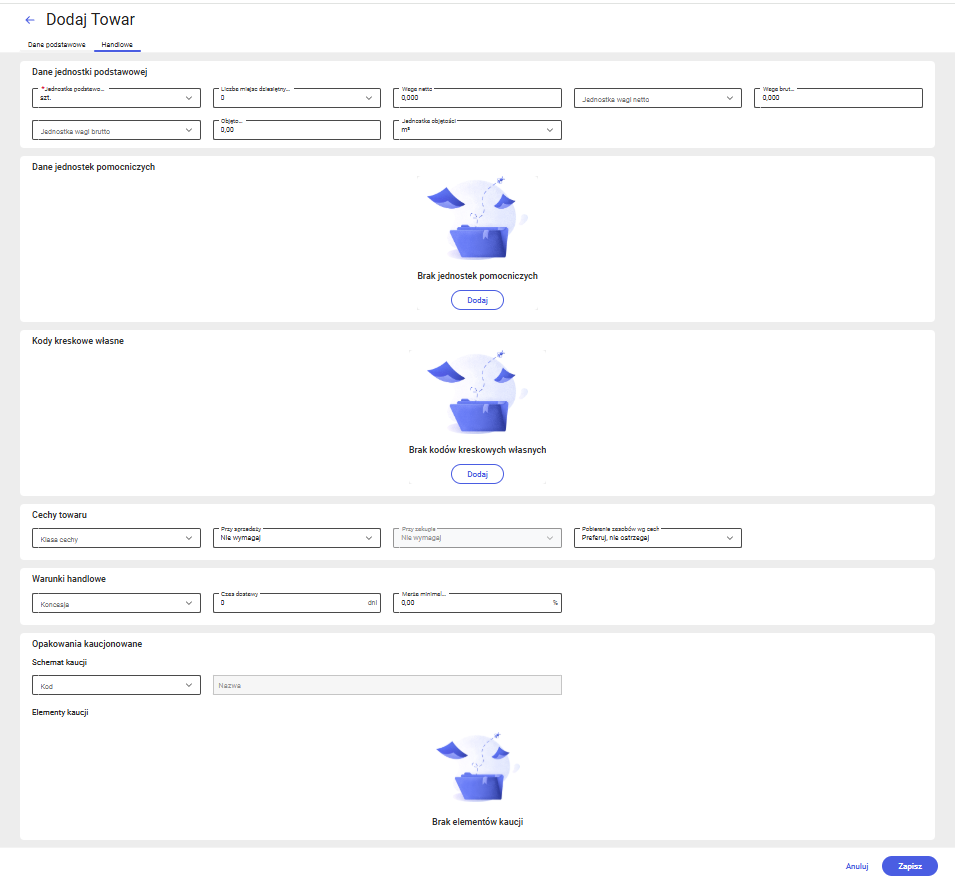 Dodawanie towaru – dane handlowe