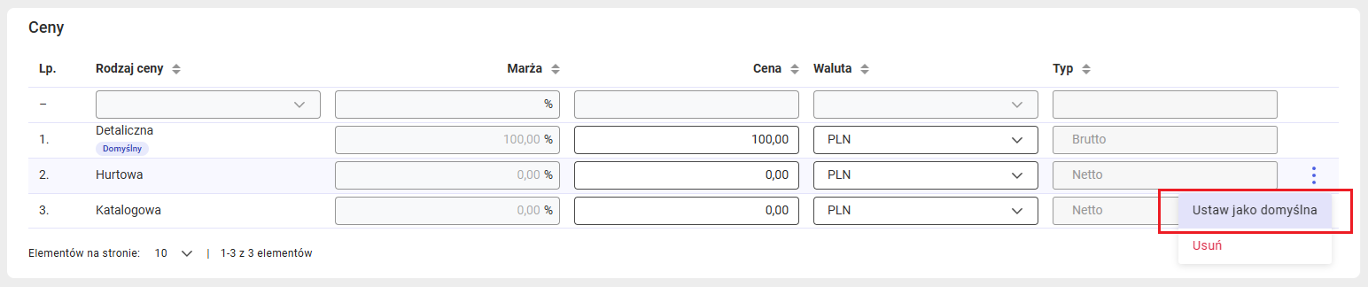 Określanie ceny domyślnej