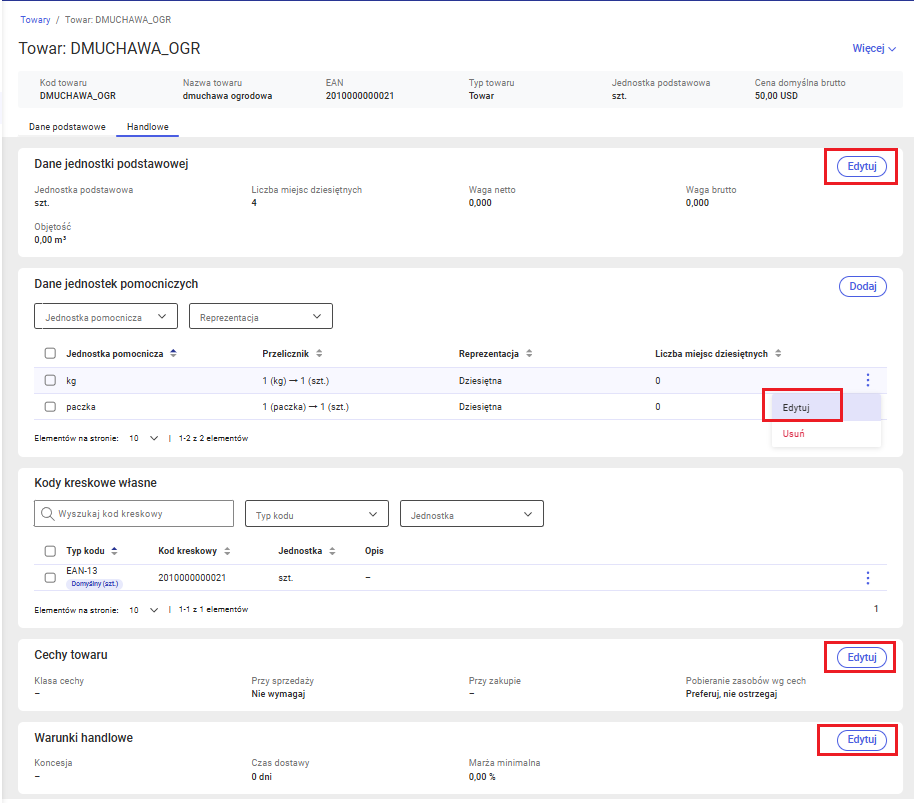 Edycja danych handlowych towaru