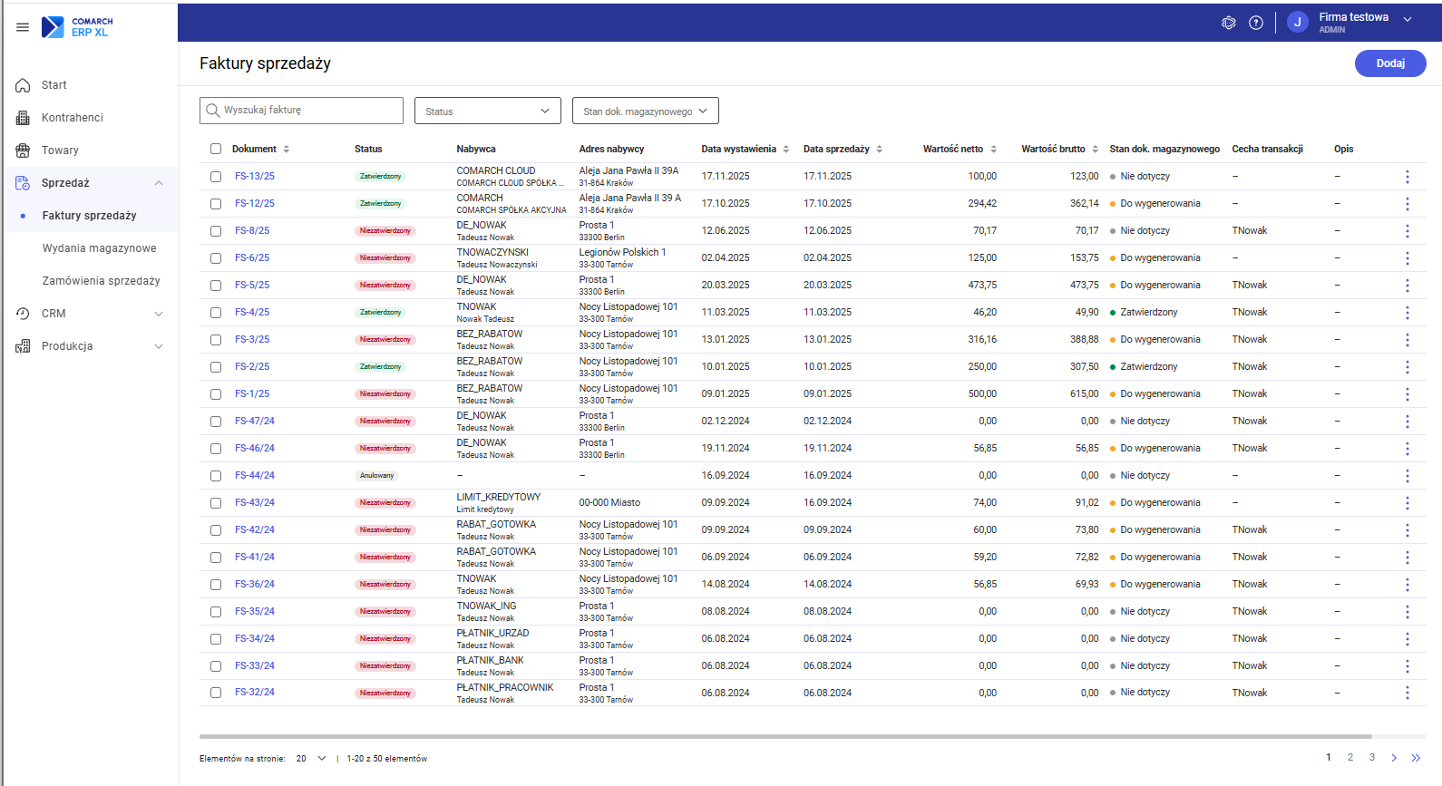 Lista faktur sprzedaży