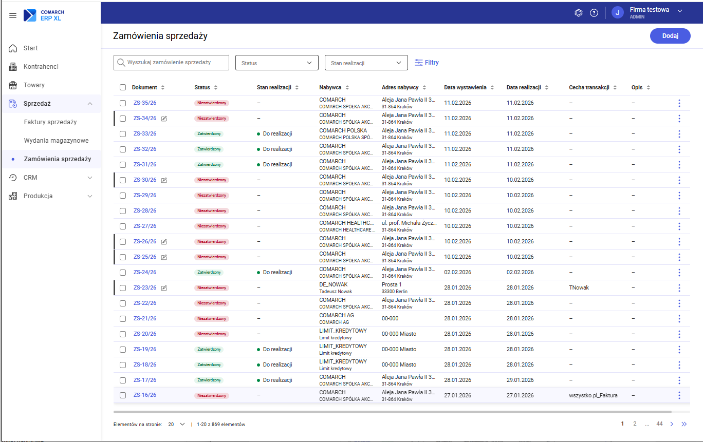 Lista zamówień sprzedaży