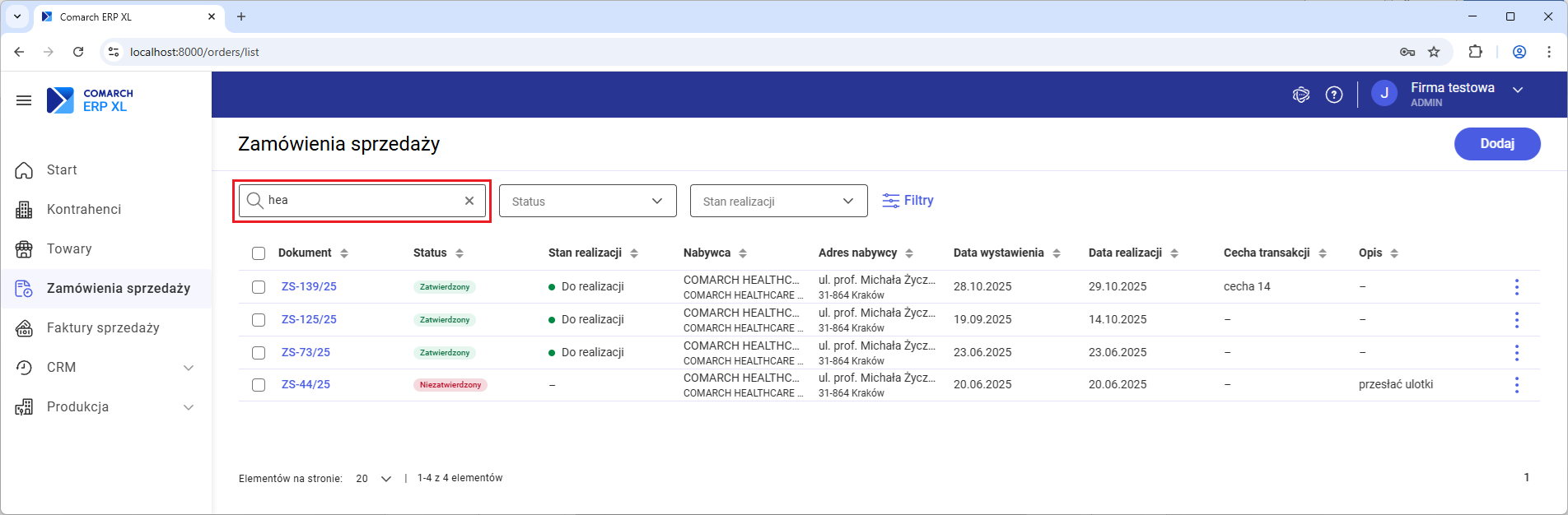 Wyszukiwarka na liście zamówień sprzedaży