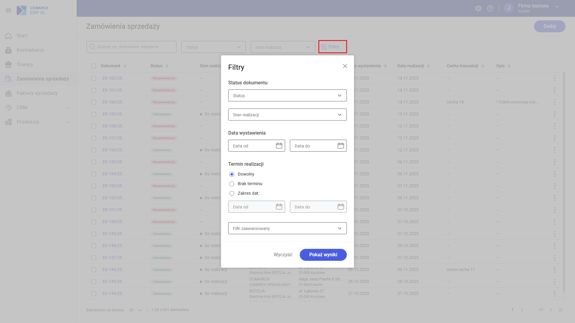 Panel filtrów na liście zamówień