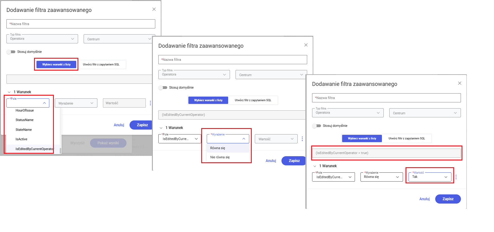 Dodawanie filtra zaawansowanego przez wybór warunków z listy