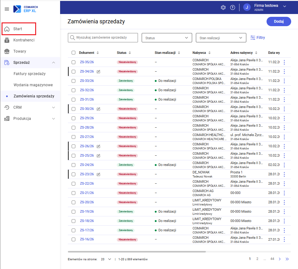 Przycisk do wyświetlenia dashboardu w bocznym panelu nawigacji