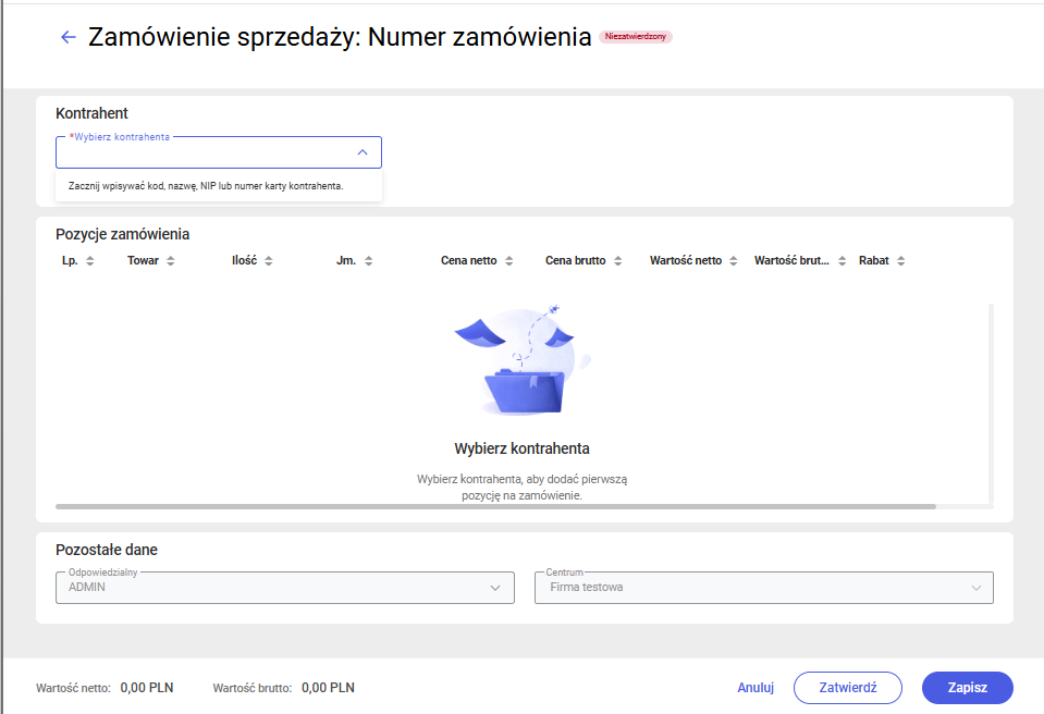 Formularz nowo dodawanego zamówienia sprzedaży