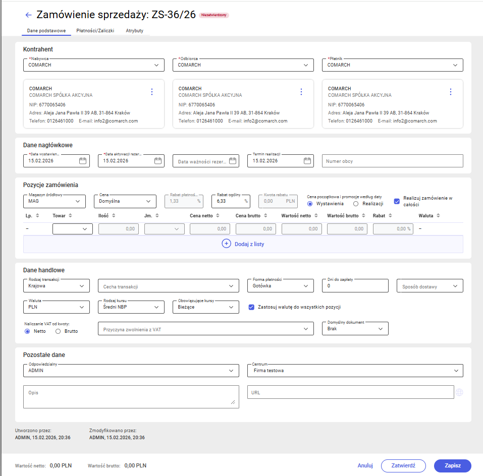 Formularz zamówienia po dodaniu kontrahenta