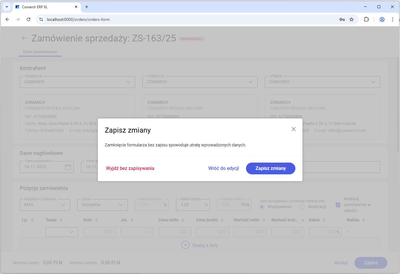 Okno wyświetlone podczas wychodzenia z zamówienia, na którym dodano kontrahenta