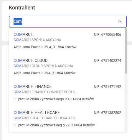  Wybór kontrahenta z listy