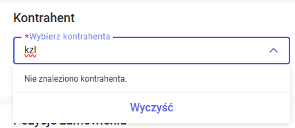 Brak na liście kontrahenta o wprowadzonej wartości