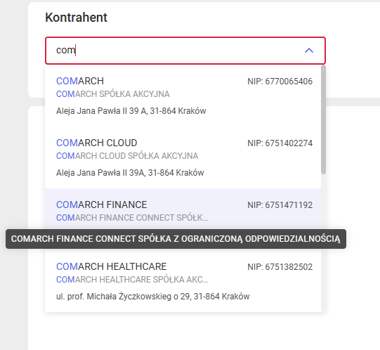 Pełna nazwa kontrahenta w polu z wyborem kontrahenta