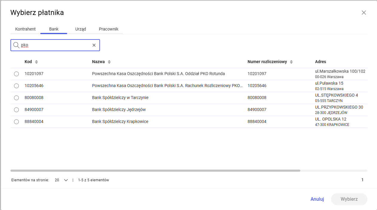 Wybór płatnika z pełnej listy