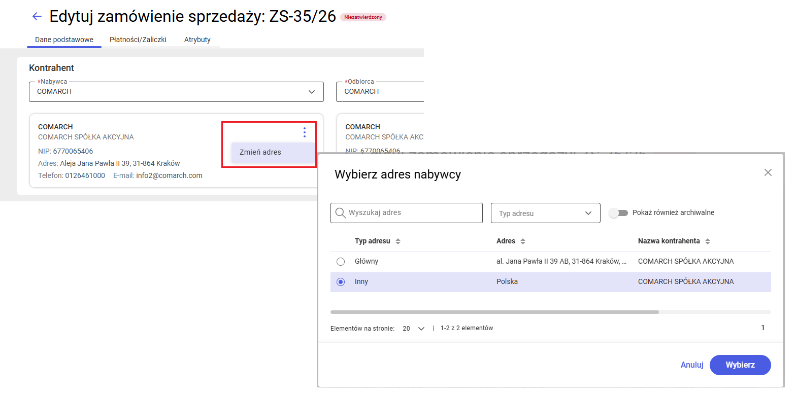 Zmiana adresu kontrahenta na zamówieniu
