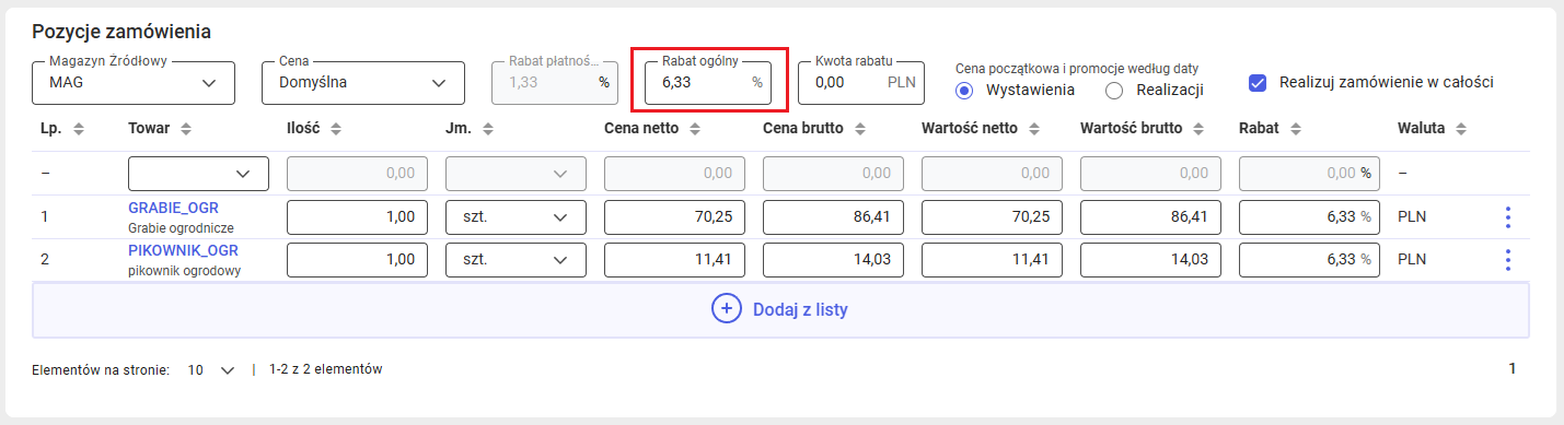 Rabat ogólny na zamówieniu