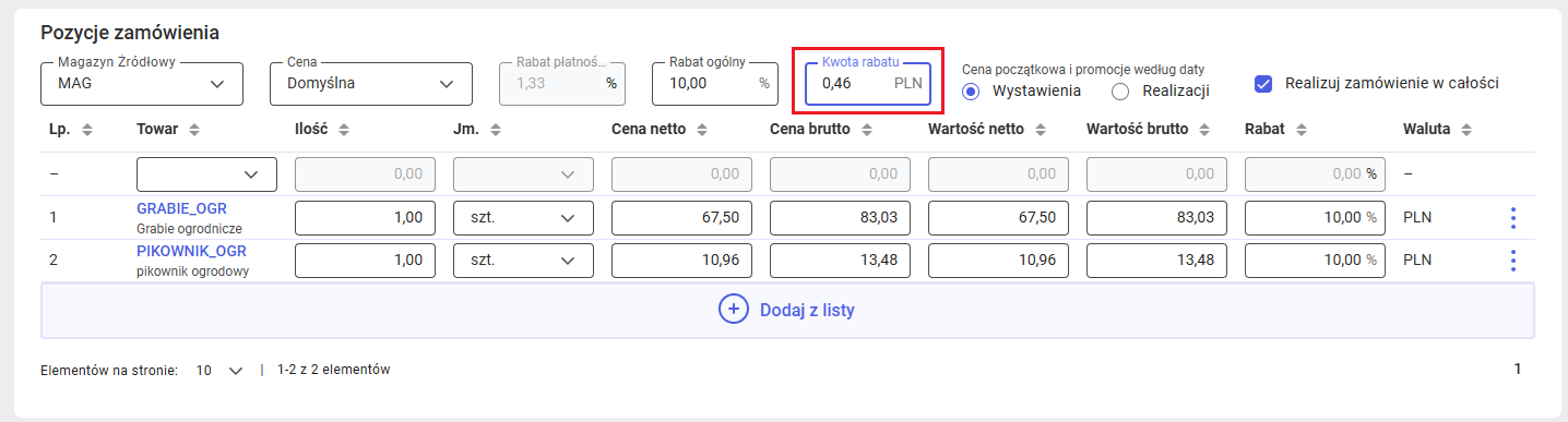Rabat kwotowy na zamówieniu
