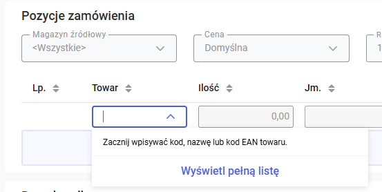 Dodanie pozycji przez wpisanie kodu lub EAN towaru
