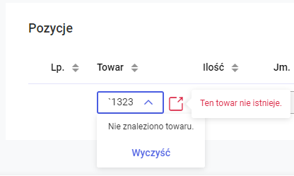  Walidacja w polu Towar